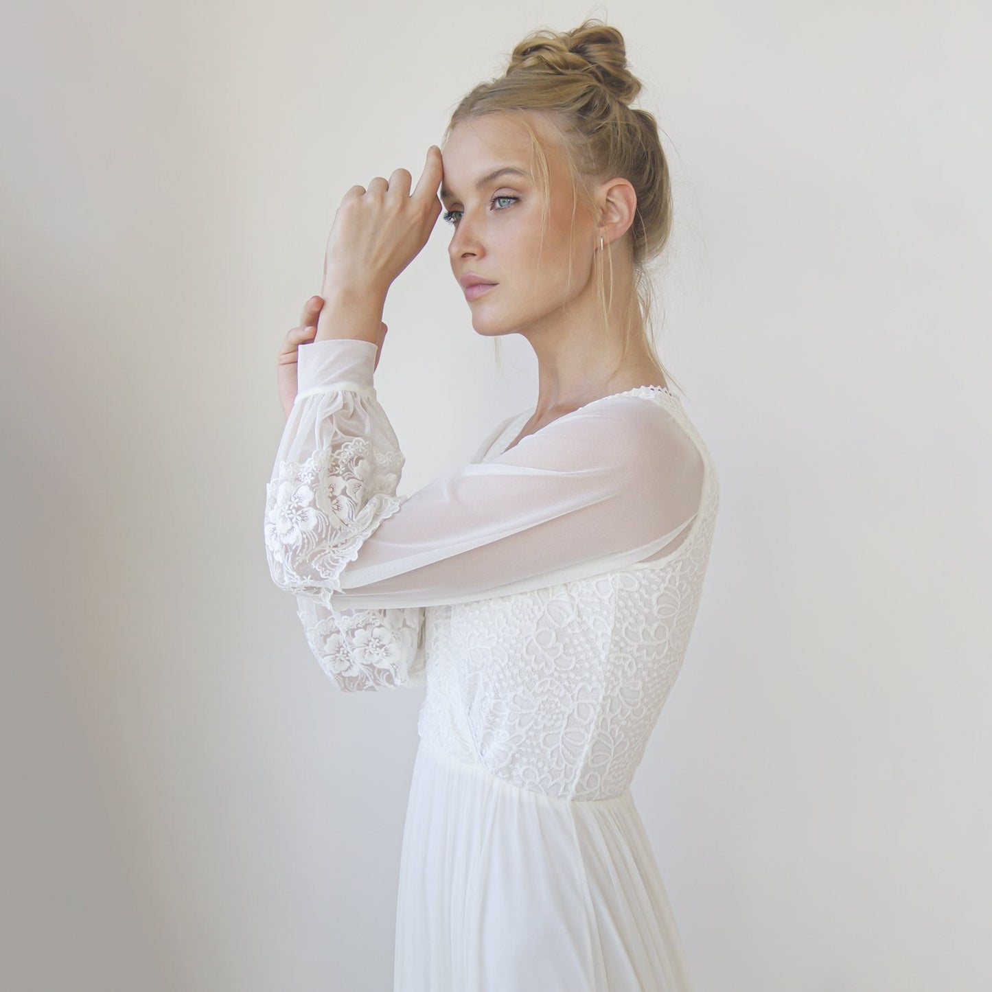 Bestseller Ivory Wrap Lace Wedding Dress With Chiffon Mesh Sleeves #1352