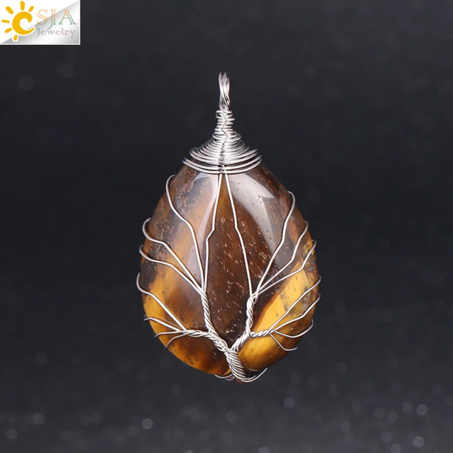 CSJA Natural Stone Pink Quartz Necklace & Pendant Silver-Color Tree of Life Wire Wrapped Water Drop Shape for Women Jewelry F122