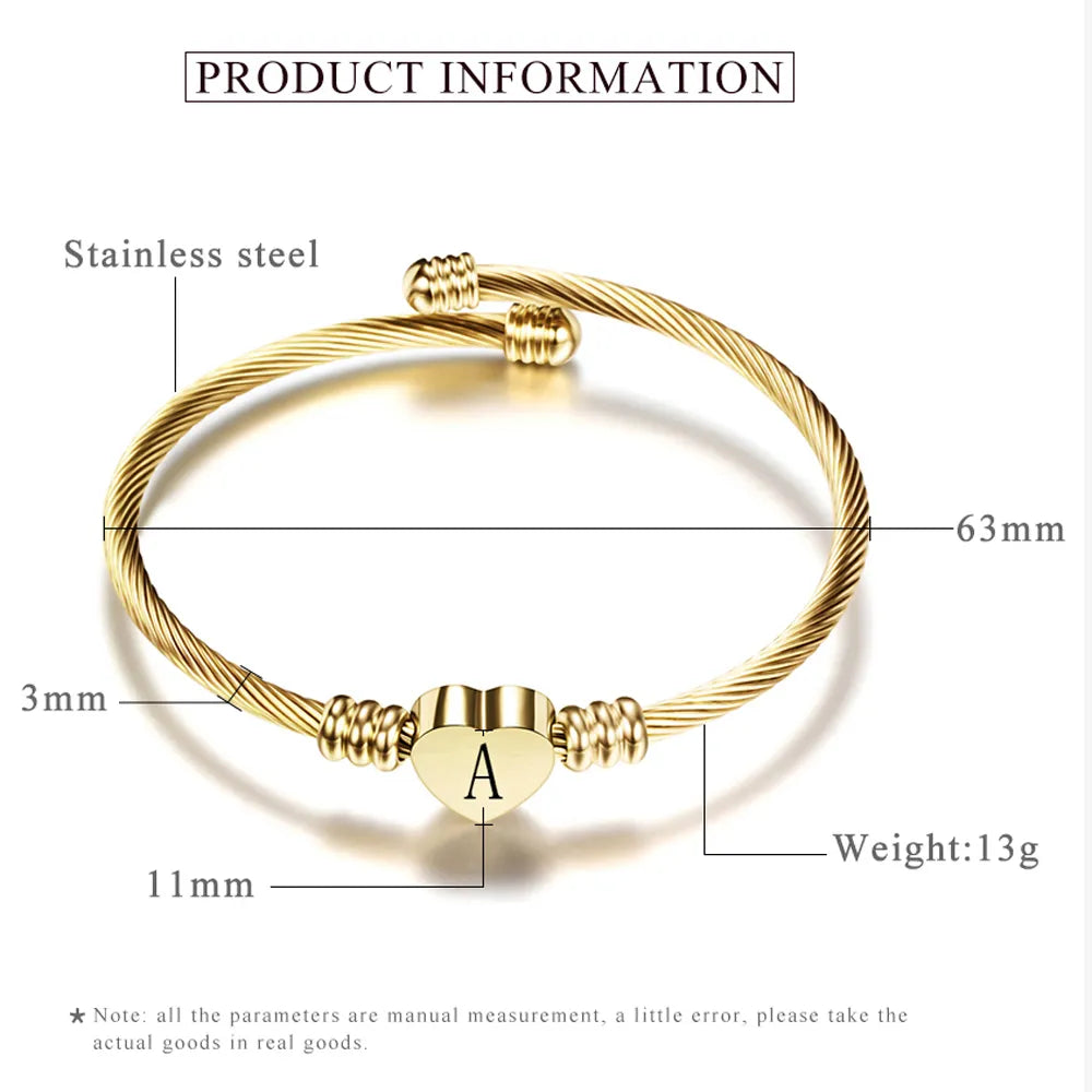 Girls Gold Color Stainless Steel Heart Bracelet Bangle With Letter Initial Alphabet Charms Bracelets for Women