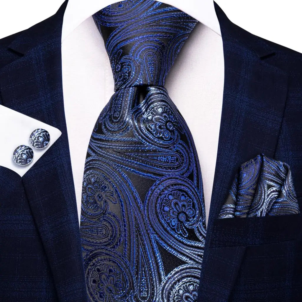 Business Tie for Men Silk Blue Tie Dots Necktie Set Plaid Cufflinks for Wedding Business Tie 150cm Hi-Tie SN-3529