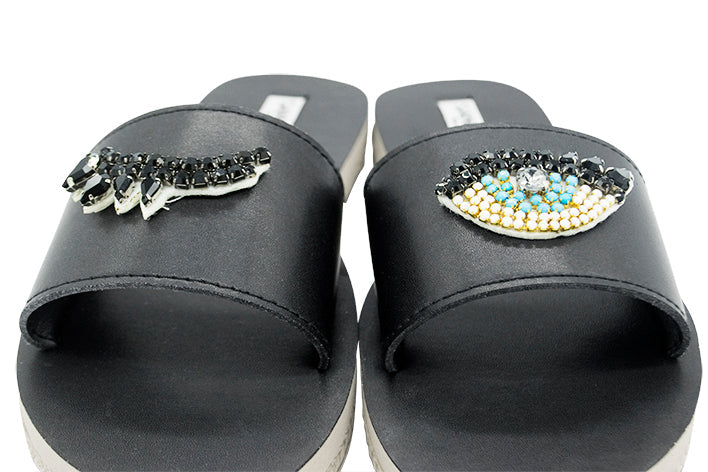 Eyes- Waterproof Espadrille Flat Black and Blue Rhine Stone Beads Embellished