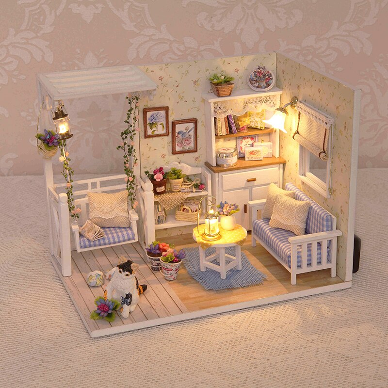 Doll House Furniture Diy Miniature 3D Wooden Miniaturas Dollhouse Toys for Children Birthday Casa Kitten Diary H013