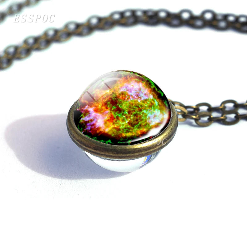 Full Moon Sphere Crystal Ball Glass Necklace Handmade Double Side Glass Ball Pendant Solar System Outer Space Astronomy Jewelry