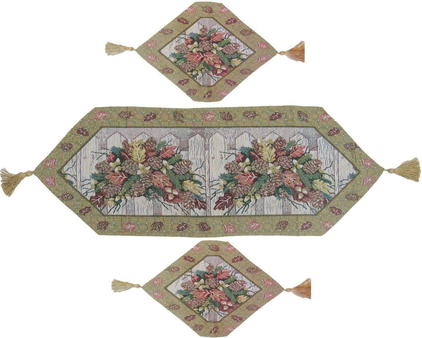 DaDa Bedding Set of 3-Pieces Table Runners - Festive Holiday Fiesta Floral Botanical Beige Woven Tapestry Dining Mats Sc