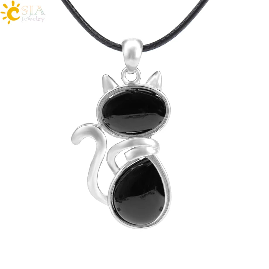 CSJA Reiki Natural Stone Necklaces Pink Quartz Pendants for Women Girl Cute Cat Shape Rock Black Onyx Beads Chain Jewelry F066