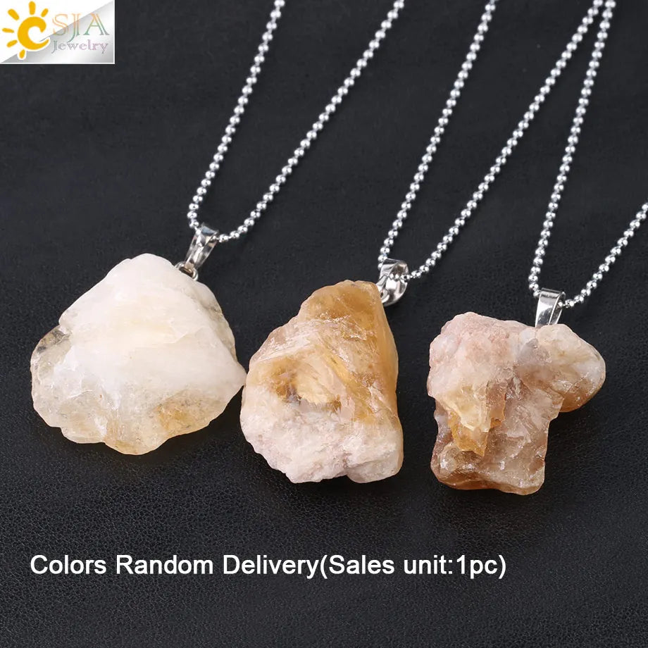 CSJA Natural Stones Gems Clear Crystal Pendants Necklaces Reiki Healing Irregular White Yellow Purple Pink Quartz Pendulum F070