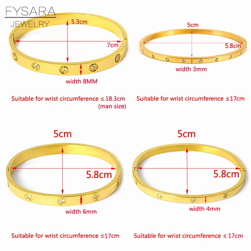 FYSARA Luxury Brand Crystals Love Bangles Cubic Zirconia Bracelets Couple Luxuxy Jewelry Stainless Steel Bangles for Women
