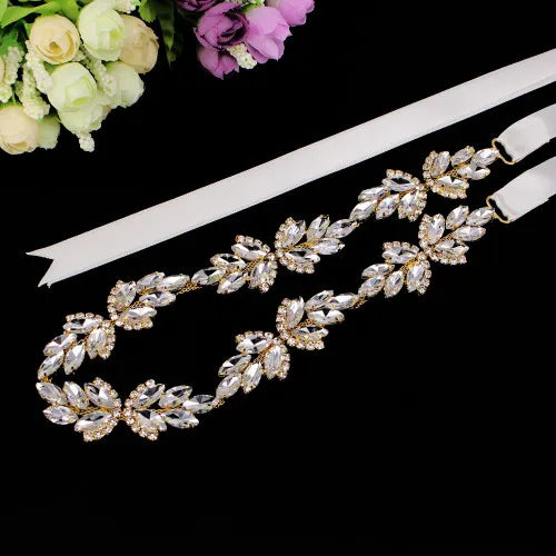 Handmade Silver Bridal Belt Rhinestone Waistband Applique for Evening Prom Dresses Wedding Decoration White Beige Sash Ribbon