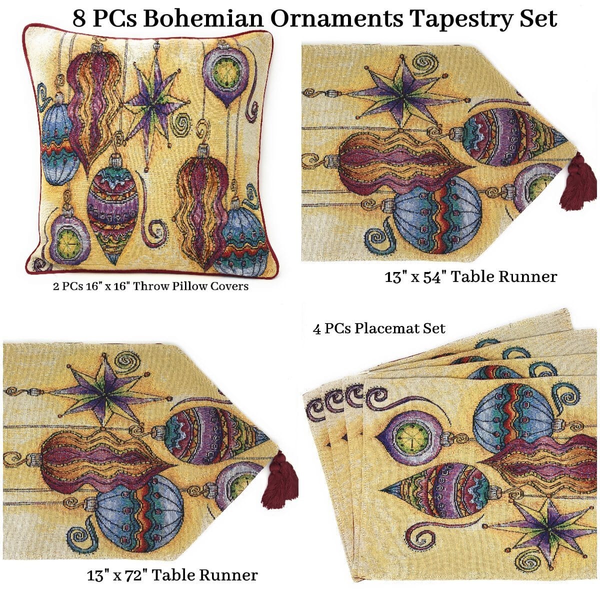 DaDa Bedding Set of 8 Pieces Bohemian Ornaments Table Tapestry - 4 Placemats, 2 Table Runners, 2 Throw Pillow Covers (14