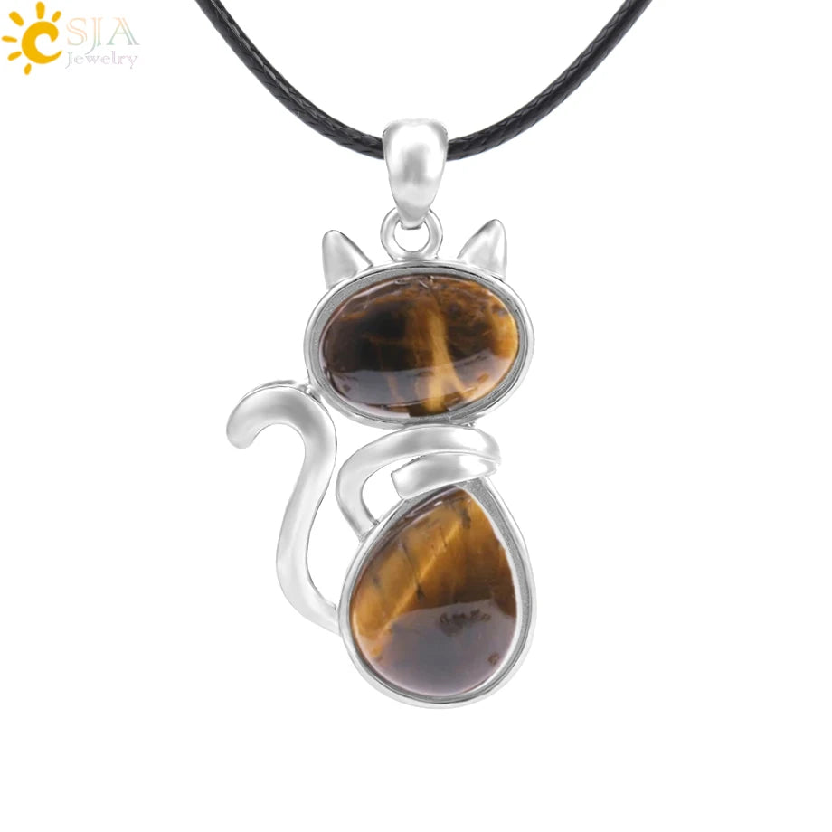 CSJA Reiki Natural Stone Necklaces Pink Quartz Pendants for Women Girl Cute Cat Shape Rock Black Onyx Beads Chain Jewelry F066