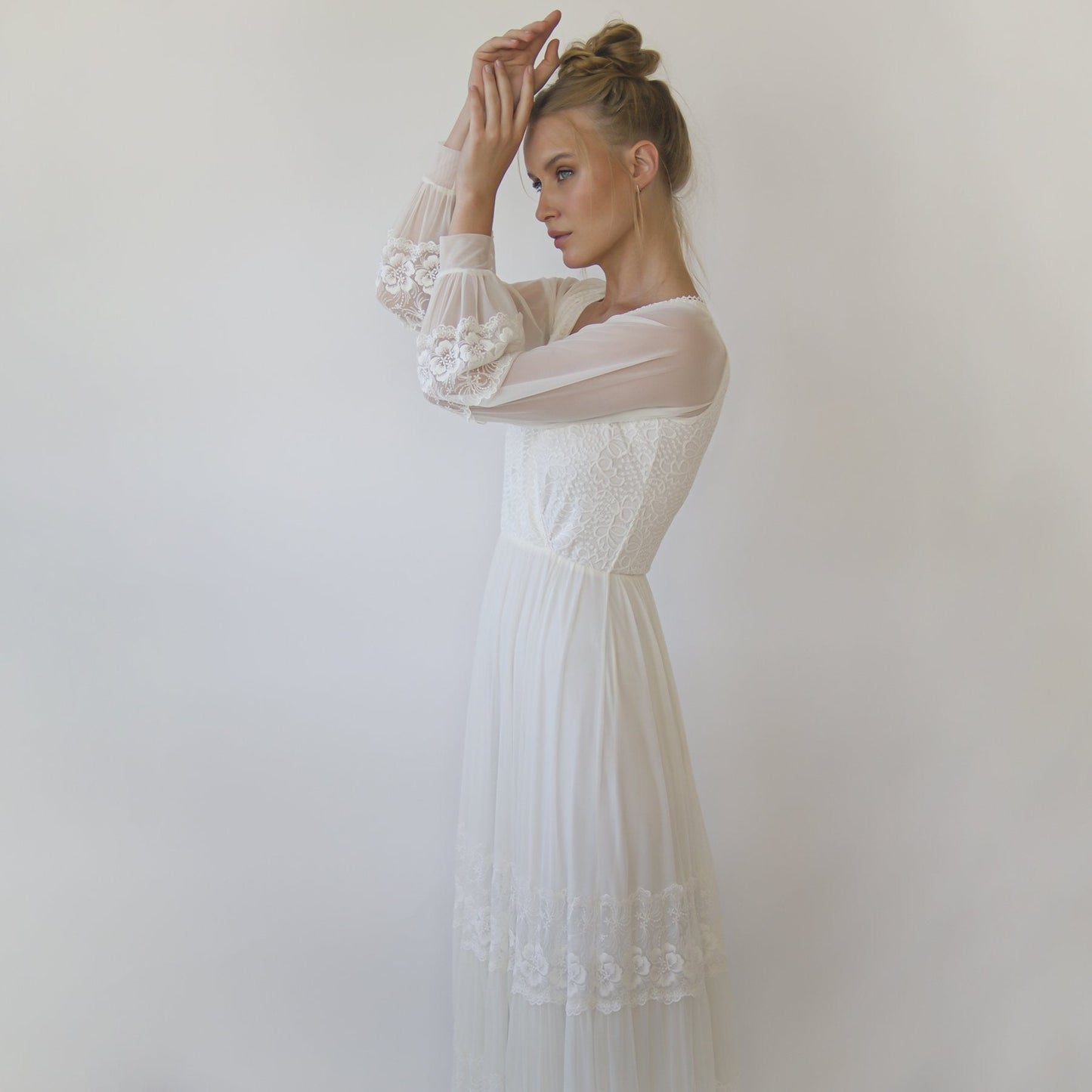 Bestseller Ivory Wrap Lace Wedding Dress With Chiffon Mesh Sleeves #1352