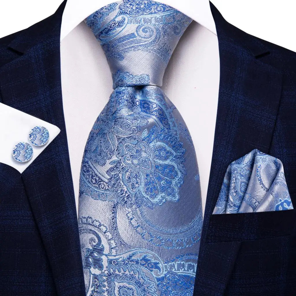 Business Tie for Men Silk Blue Tie Dots Necktie Set Plaid Cufflinks for Wedding Business Tie 150cm Hi-Tie SN-3529