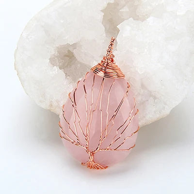 Natural Purple Quartz Opal Stone Pendants Handmade Rose Gold Color Tree of Life Wrapped Drop Shaped Crystal Pendant Necklace