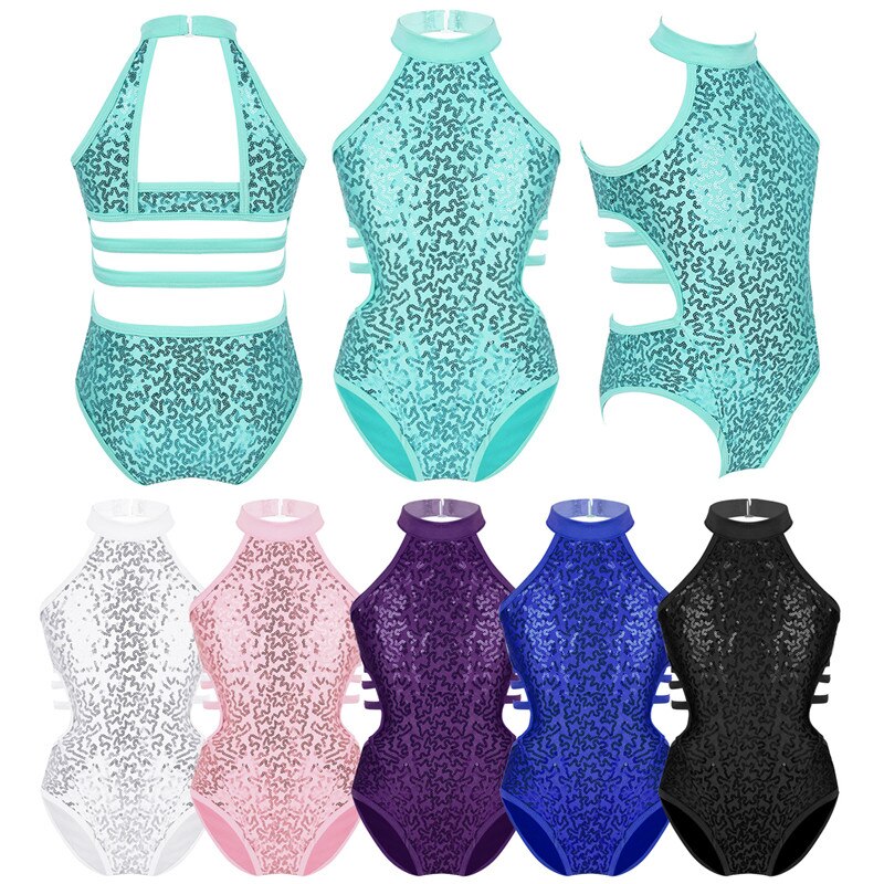 Kids Girls Gymnastics Leotards Child Sparkly Sequins Dancewear Sleeveless