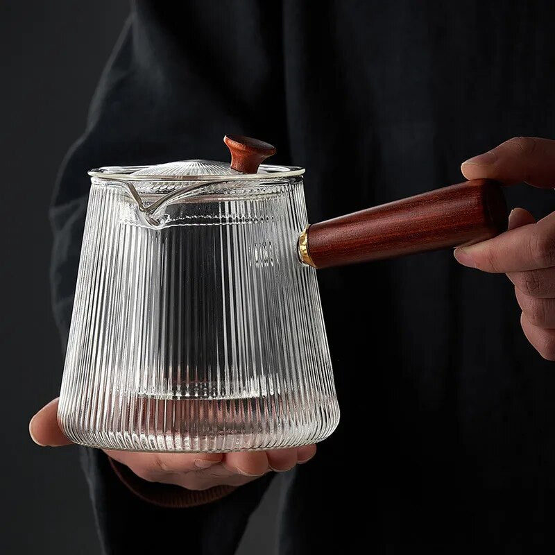 YMEEI Glass Teapot With Removable Clear Infuser Sandal Wood Handle Stove & Micro