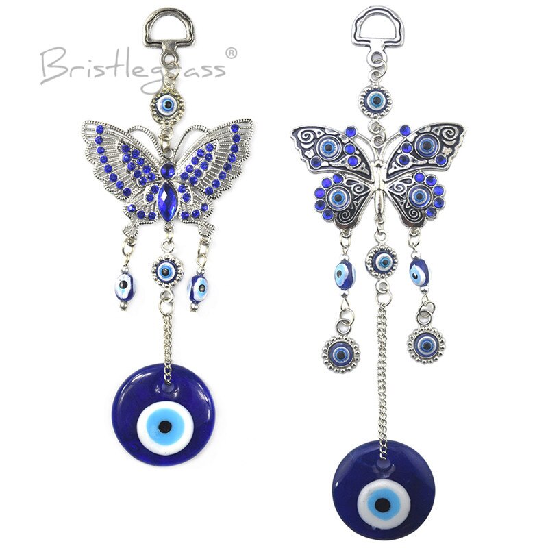 BRISTLEGRASS Turkish Blue Evil Eye Rhinestone Butterfly Wall Hanging Pendants Amulets Lucky Charm Blessing Protection Decor