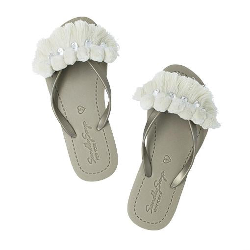 White Pom Pom Fringe - Embellished Flat Flip Flops Sandal
