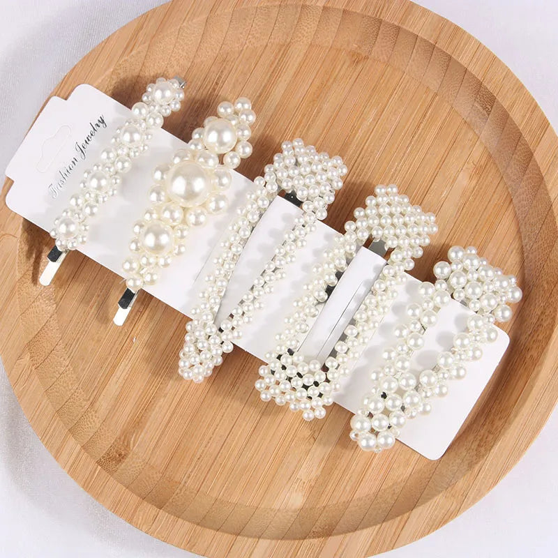 5Pcs/Set Pearl Hair Clip Snap Button Hair Pins for Women Sweet Pearl Hairpin Hair Clips Jewelry Lady Barrette Stick
