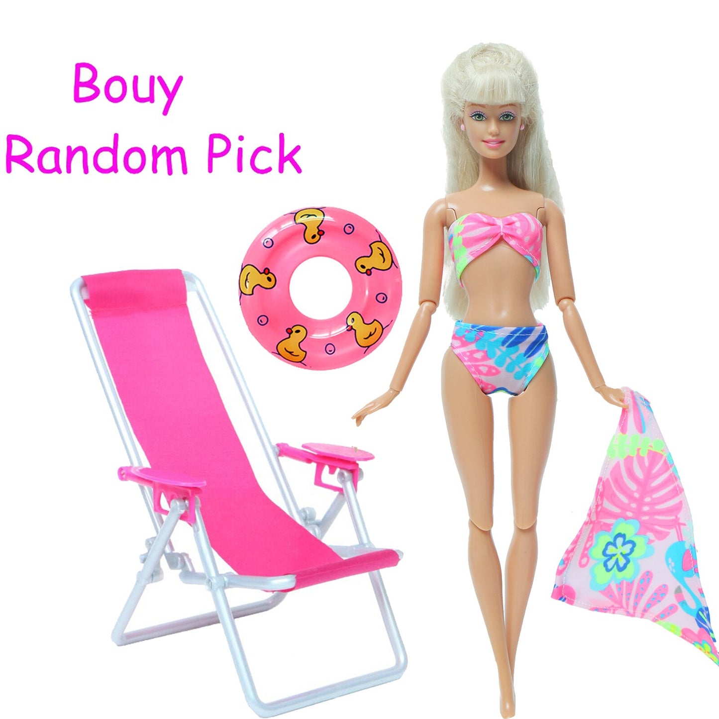 3 Pcs/Lot = 1x Swimsuit Bikini + 1x Random Swimming Buoy Lifebelt Ring +1x Pink Foldable Beach Chair Accessories for Barbie Doll