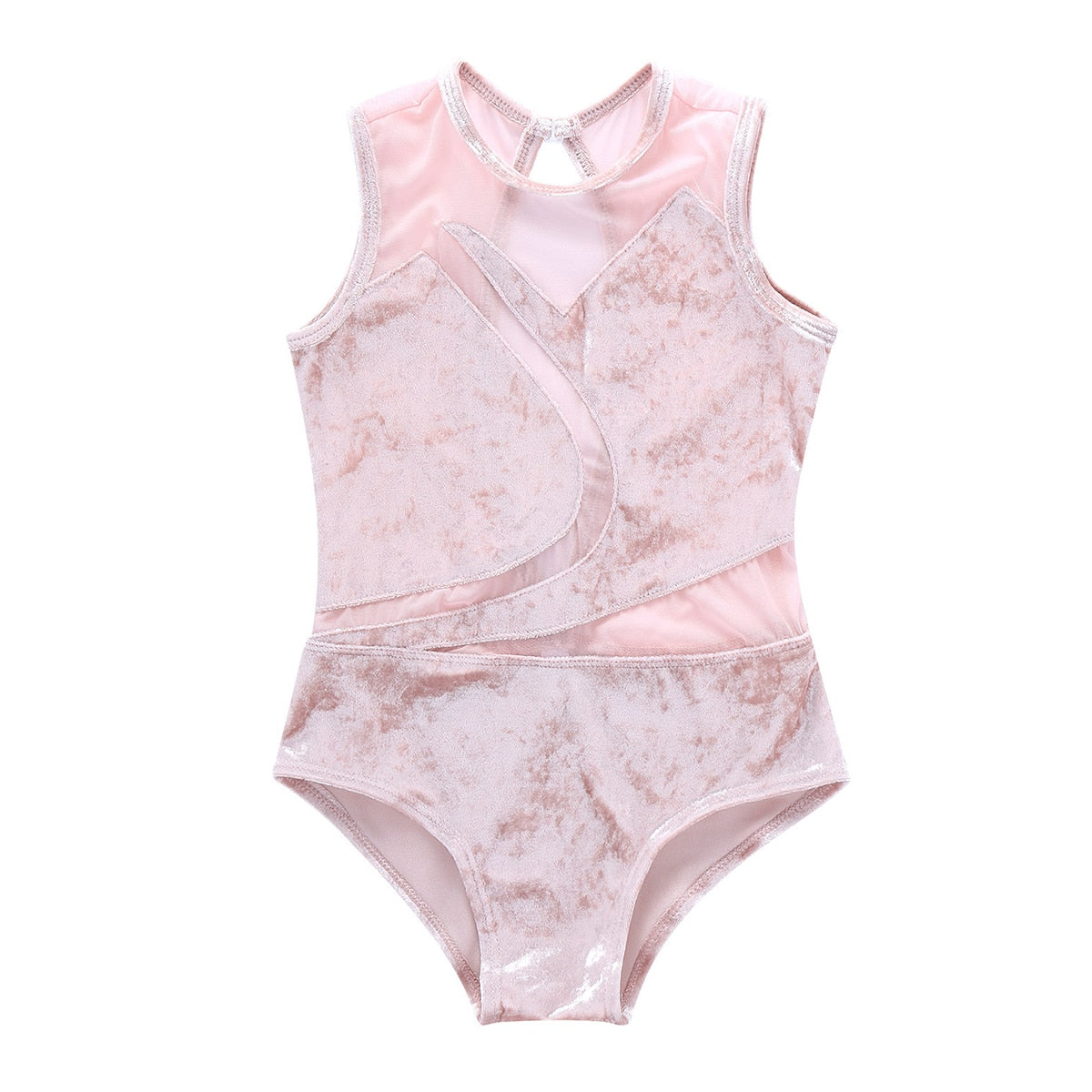 Girls Sleeveless Soft Pleuche Mesh Splice Gymnastics Leotard One-Piece Cutout