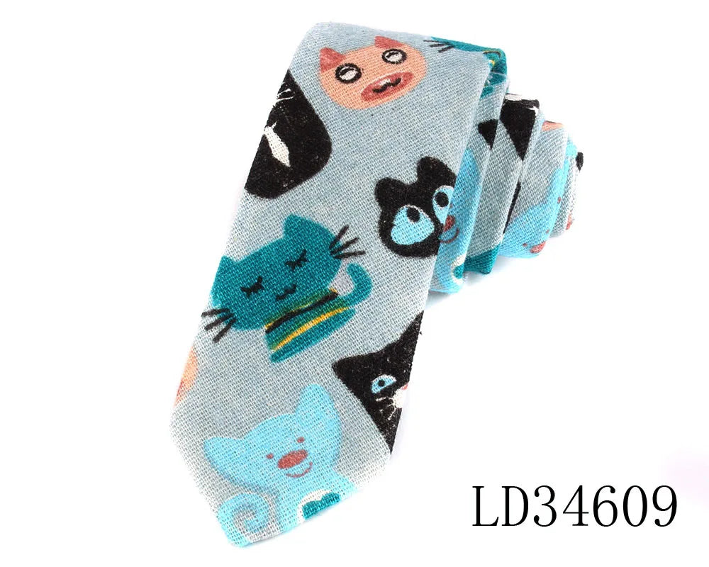 CartoonSkinny Tie for Men Women Narrow Neck Tie for Wedding Casual Cartoon Neckties Classic Suits Slim Cotton Linen Neck Ties