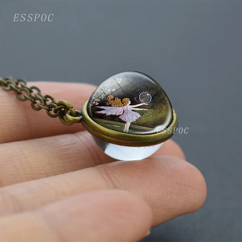 Vintage Double Sided Glass Ball Necklace Hadas Goticas Angel on Moon Art Photo Fairy Tale Pendant Women Jewelry