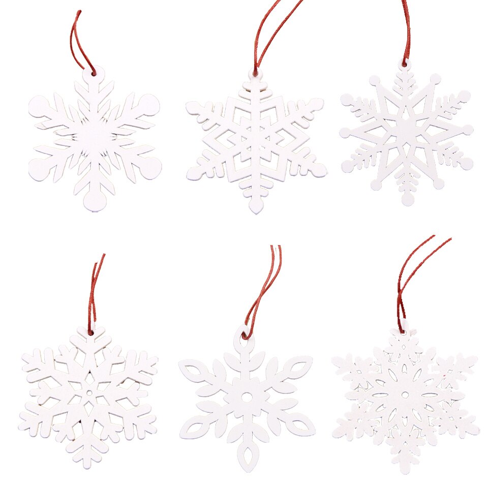 6PCS DIY White&Red Snowflakes Christmas Wooden Pendants Ornaments for Xmas Tree