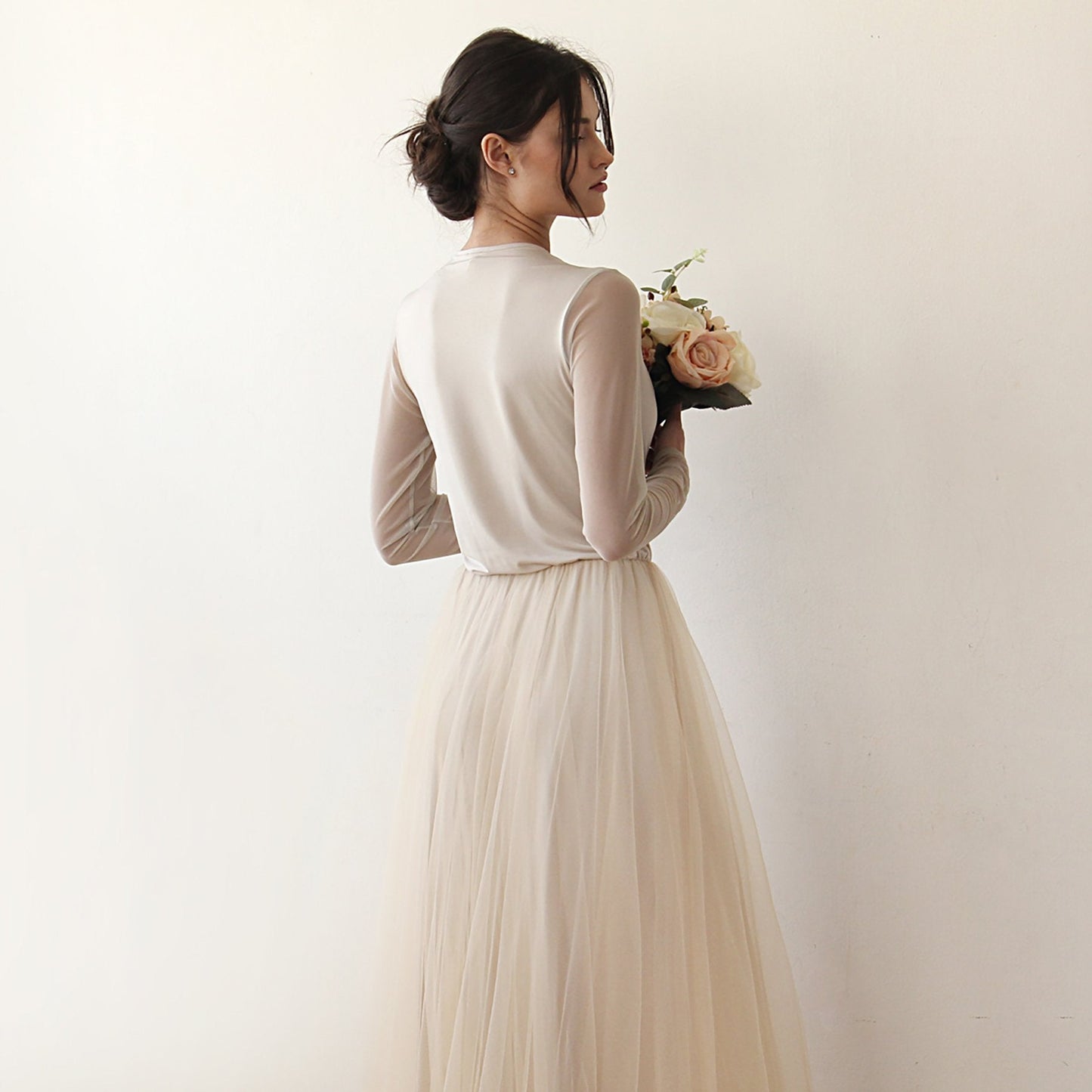 Champagne Wrap Tulle Gown With Long Chiffon Sleeves and Slit 1174