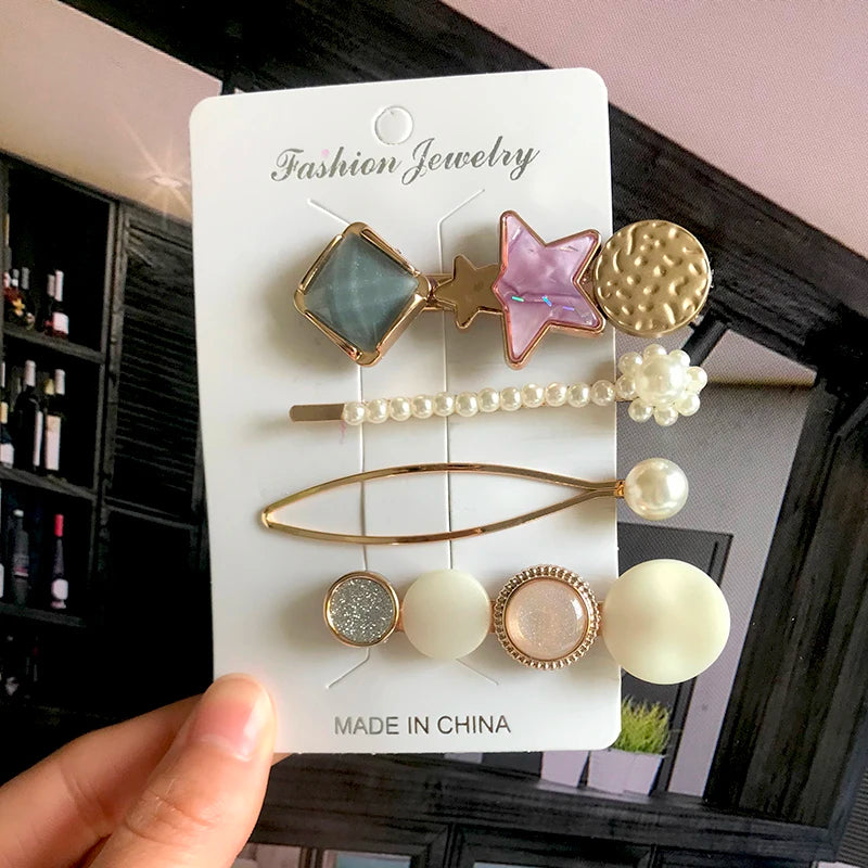 Korean Simulated Pearl Barrettes Beaded Geometric Women Hair Clip Hairgrips Hair Accessories Girls Jewelry Hair Pins