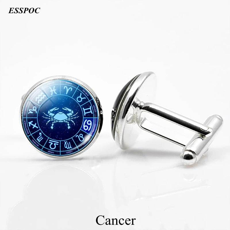 12 Zodiac Signs Glass Cabochon Cufflinks Metal Constellations Cuff Link for Men Shirt Accessories Valentines Day