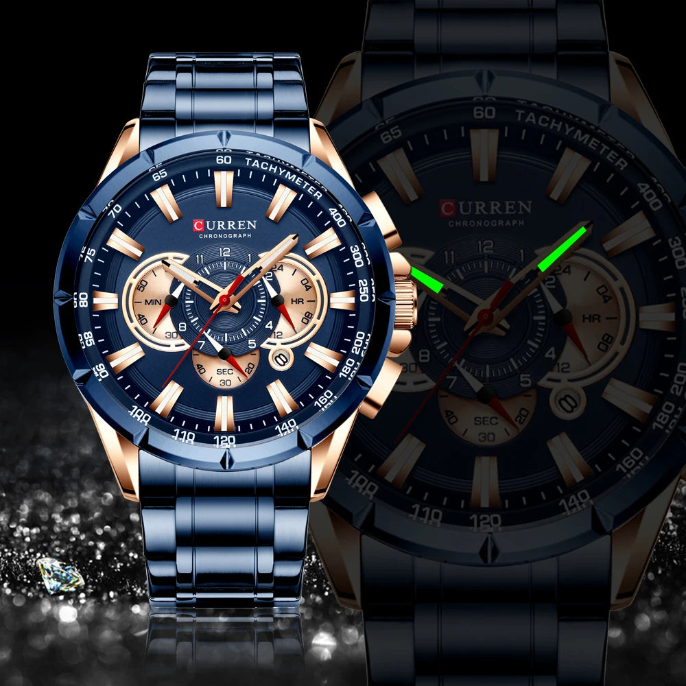 CURREN Luxury Casual Mens Watches Quartz Sports Chronograph Wristwatch Male Stainless Steel Luminous Hands Clock
