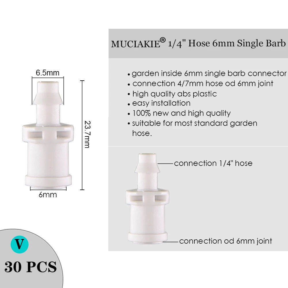 MUCIAKIE Sprinkler Irrigation 1/4 Inch Barb Tee Single Double Barb Barbed Water Pipe Connectors for 4/7mm Hose Garden Fitting