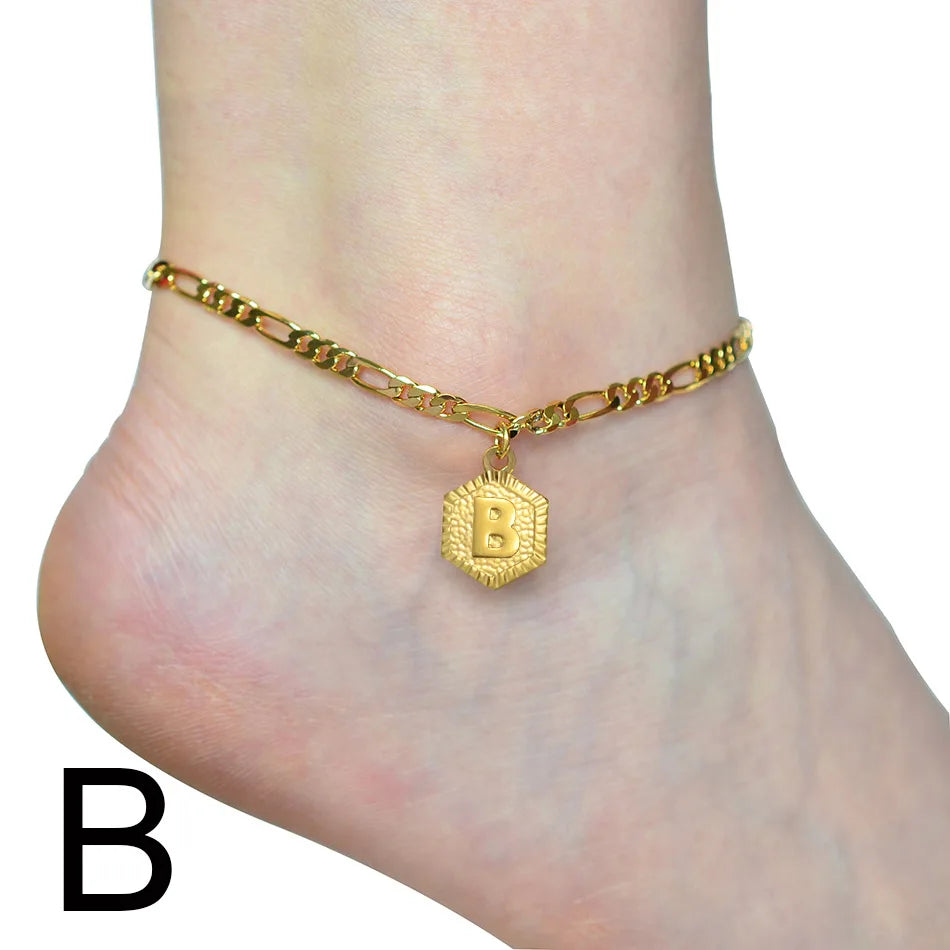 Anniyo 21cm + 10cm Extender Chain / A-Z Initial Letter Anklet for Women Alphabet Jewelry Foot Chain Girl #105906