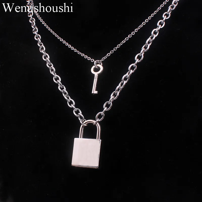 Stainless Steel Chain and Alloy Chain Punk Padlock Necklaces for Women Rock Hiphop Key Lock Necklace Men Chic Di112
