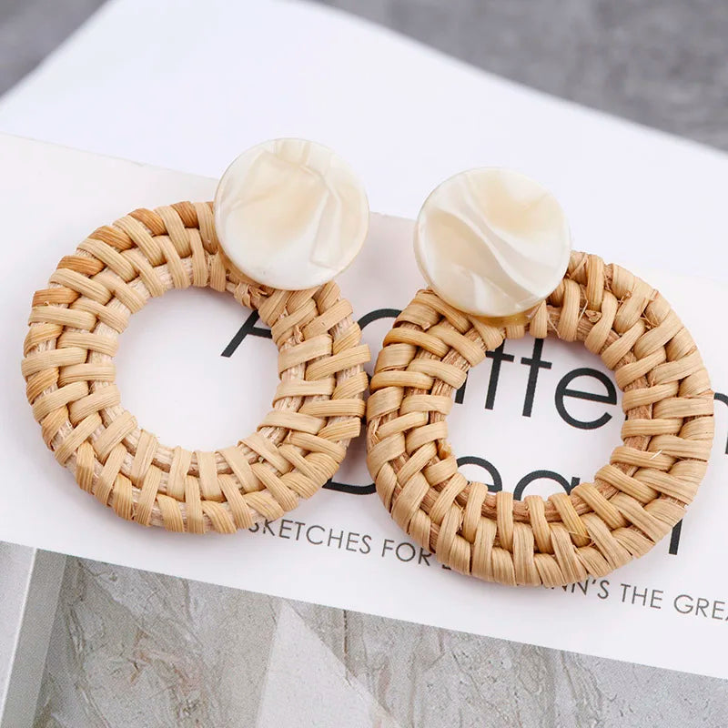 AENSOA Multiple 27 Style Korea Handmade Wooden Straw Weave Rattan Vine Braid Drop Earrings New Geometric Long Earrings