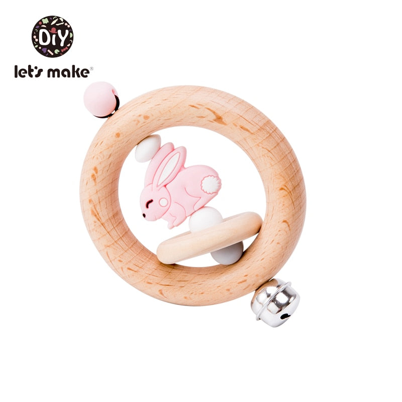 Baby Toys 1pc Silicone Beads Cartoon Rattle Teething Ring of Beech Wood 0-12 Moths Children Christmas Stroller Let's Make