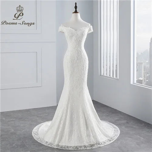 PoemsSongs Real Photo Boat Neck Beautiful Lace Wedding Dress for Wedding Vestido De Noiva Mermaid Wedding Dress