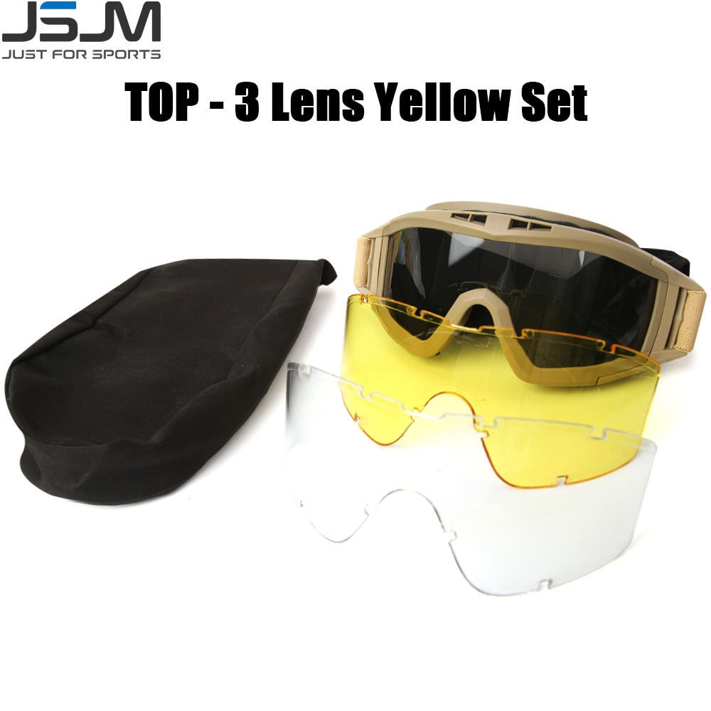 JSJM New Tactical Goggles 3 Lens Windproof Dustproof Safety Protection Motocross Motorcycle Mountaineering Glasses Men UV400