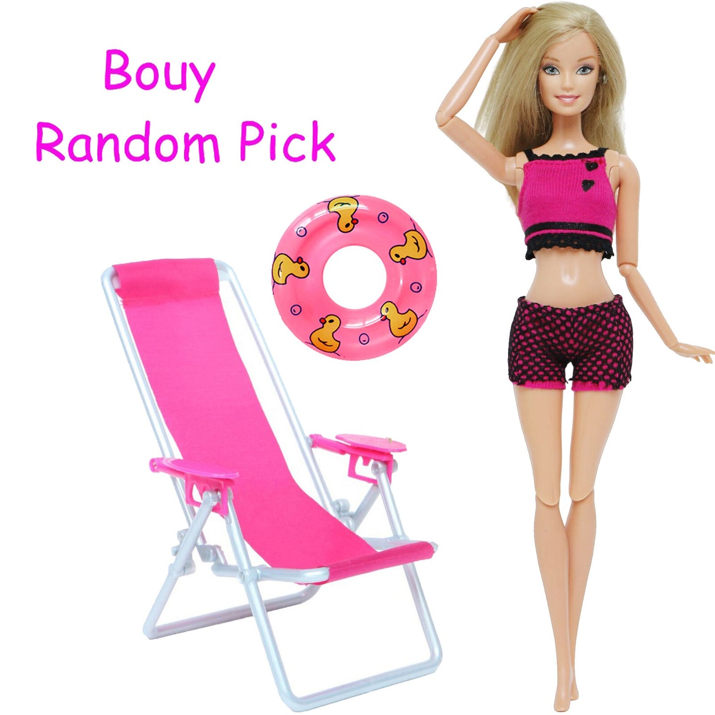 3 Pcs/Lot = 1x Swimsuit Bikini + 1x Random Swimming Buoy Lifebelt Ring +1x Pink Foldable Beach Chair Accessories for Barbie Doll