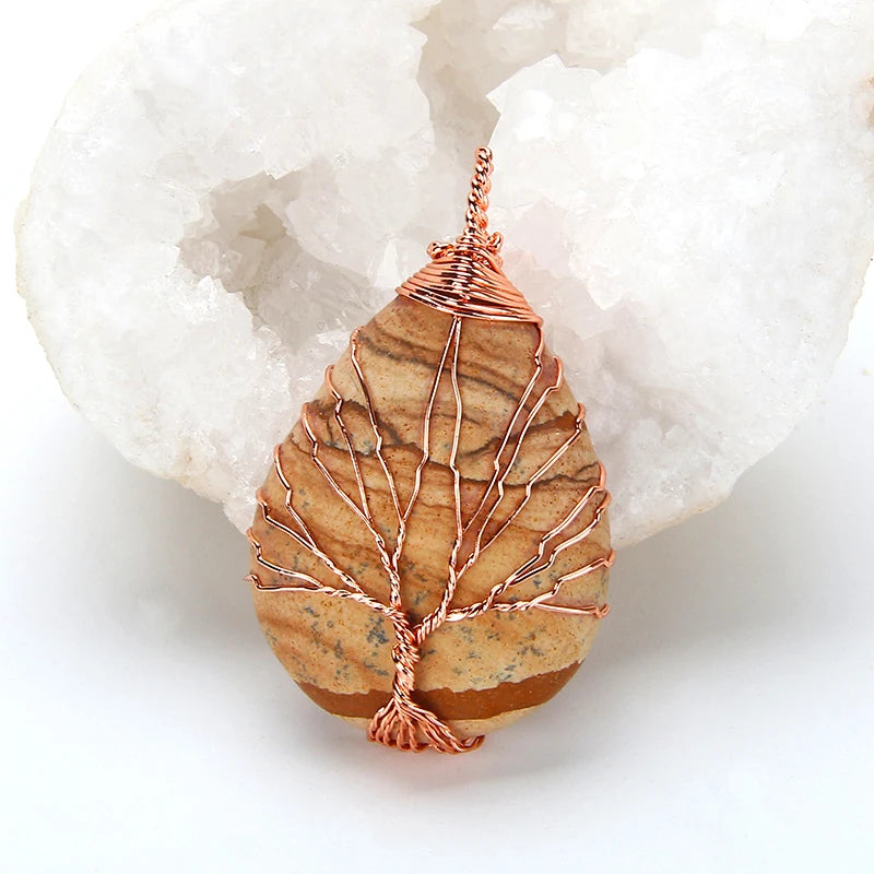 Natural Purple Quartz Opal Stone Pendants Handmade Rose Gold Color Tree of Life Wrapped Drop Shaped Crystal Pendant Necklace