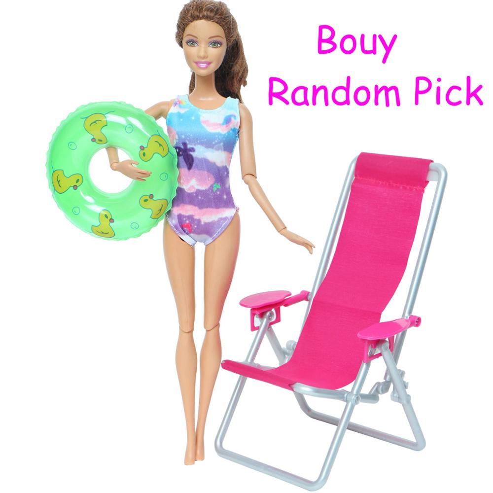 3 Pcs/Lot = 1x Swimsuit Bikini + 1x Random Swimming Buoy Lifebelt Ring +1x Pink Foldable Beach Chair Accessories for Barbie Doll