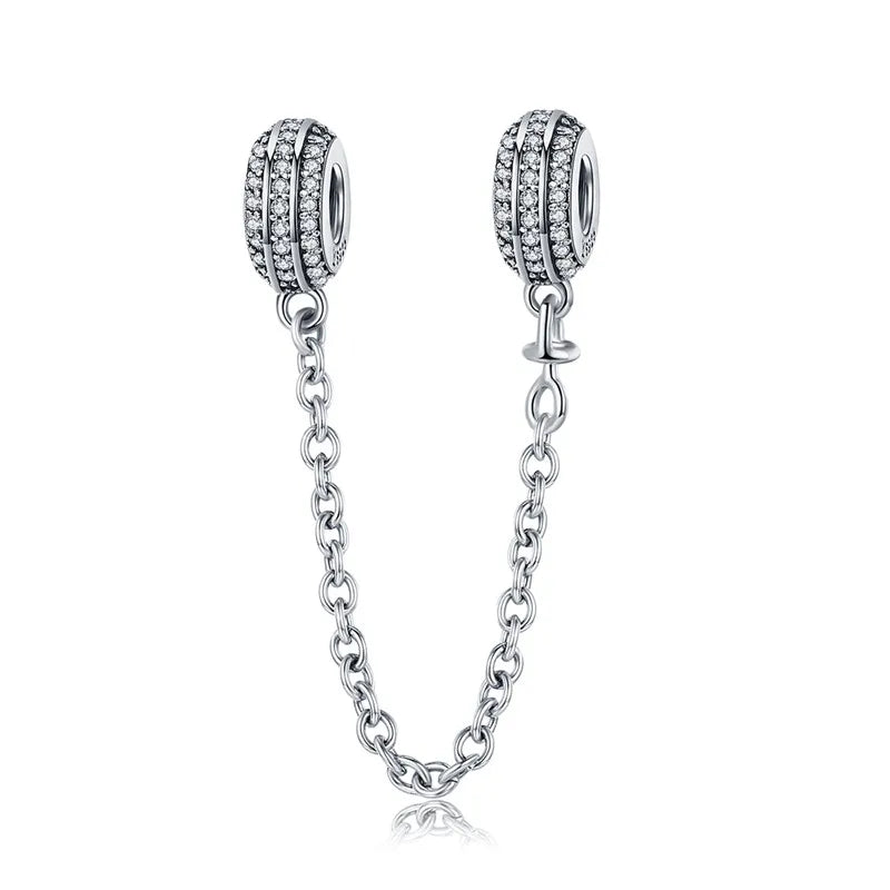 BISAER 925 Sterling Silver Safety Chain Collection Heart Star Charms Silicone Bead Fit Women Bracelet Fine Jewelry Accessories