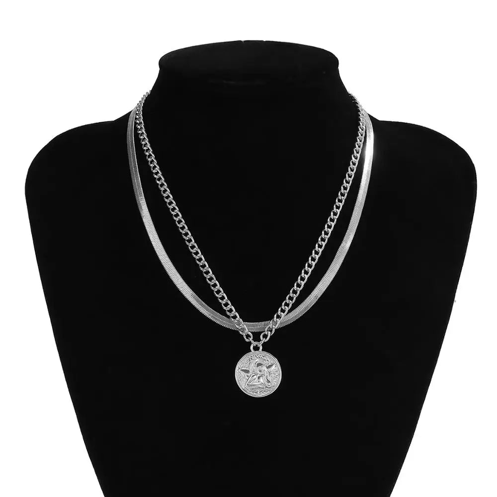 IngeSight.Z Punk Multi Layered Imitation Pearl Choker Necklace Collar Virgin Mary Coin Crystal Pendant Neck Women Jewelry