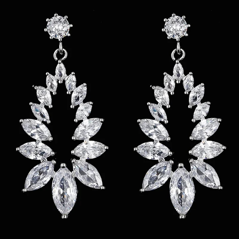 LXOEN Marquise Cut Flower Zirconia Crystal Long Drop Earrings for Women Shiny Leaf CZ Stone Bridal Wedding Jewelry