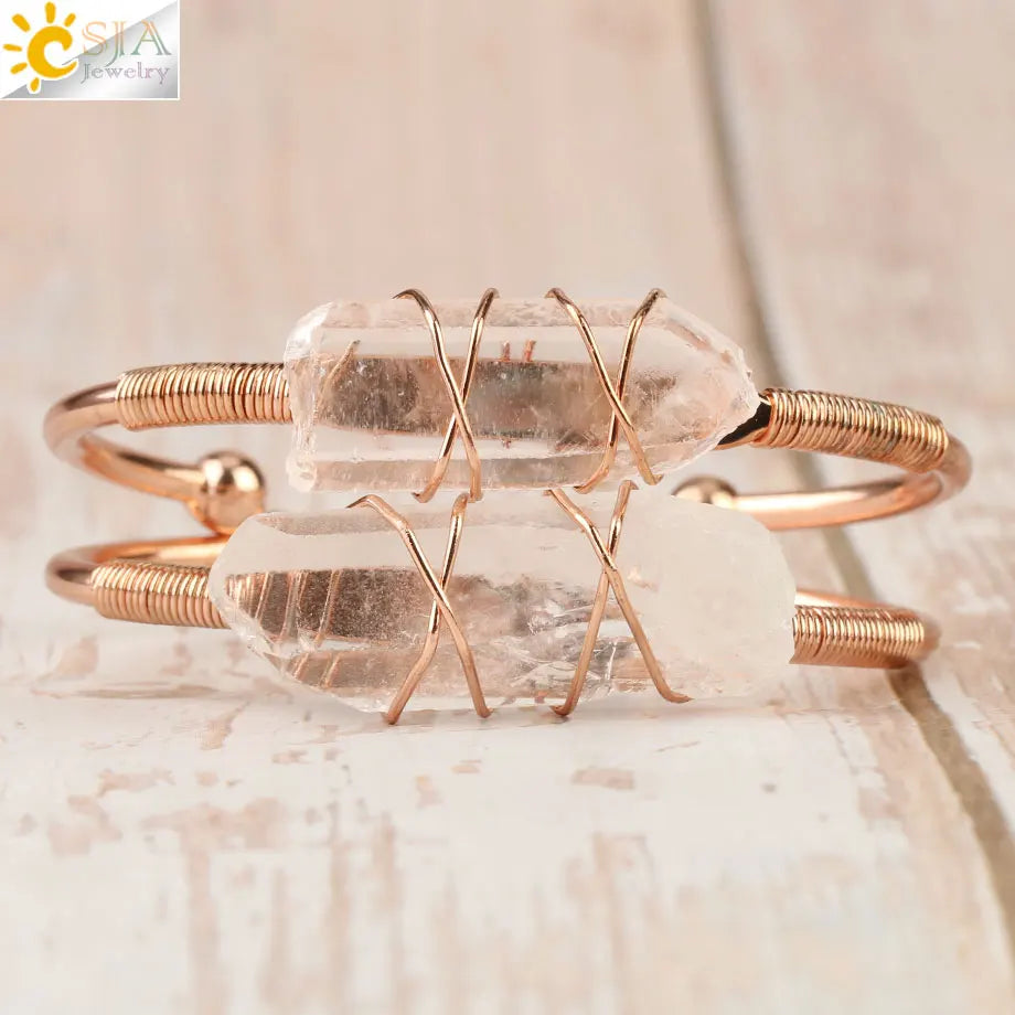 CSJA Natural Stone Clear Quartz Bangles Open Cuff Bracelet Wire Wrap Irregular Crystal Stones Copper Bangle Female Jewelry G168