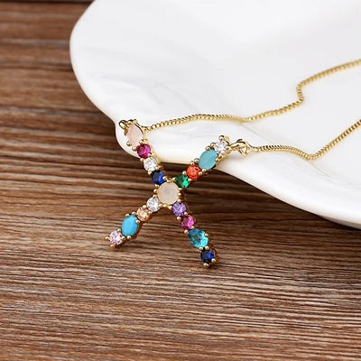New Arrival Personal Name Letter Necklace Rainbow CZ Initials Alphabet Women Girls Gorgeous Family Jewelry
