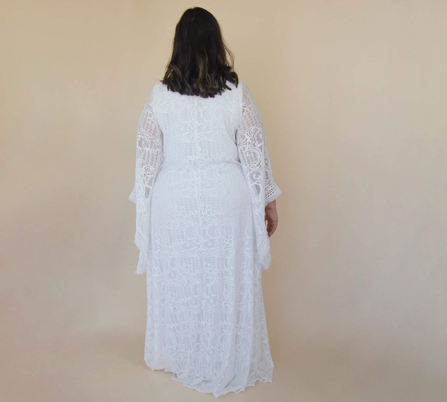 Curvy Lace Ivory Bridal Kaftan With Fringe ,Bat Sleeves Lace Wedding Dress #1328