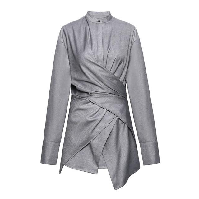 Kume Loose Stand Collar Long Sleeve Shirt - Gray