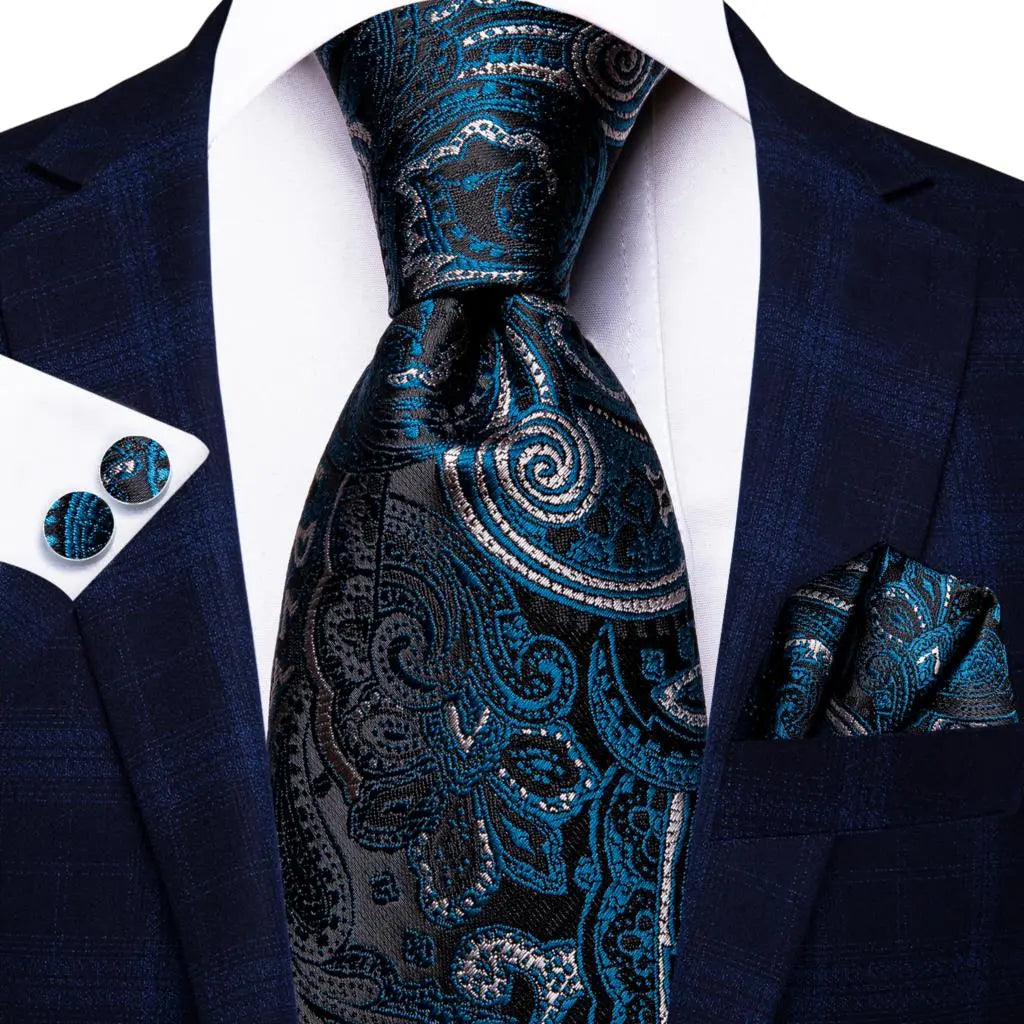 Business Tie for Men Silk Blue Tie Dots Necktie Set Plaid Cufflinks for Wedding Business Tie 150cm Hi-Tie SN-3529