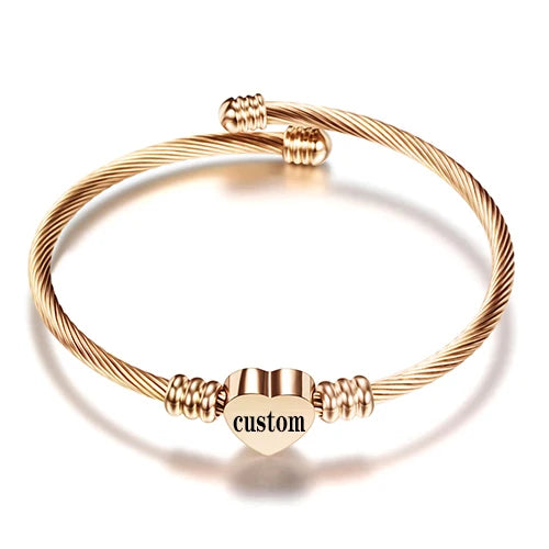 Girls Gold Color Stainless Steel Heart Bracelet Bangle With Letter Initial Alphabet Charms Bracelets for Women